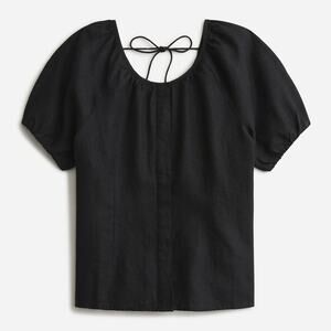 NWT J, Crew Puff Sleeve V-Back Button-Front Linen Blouse Top Black Womens Size 2